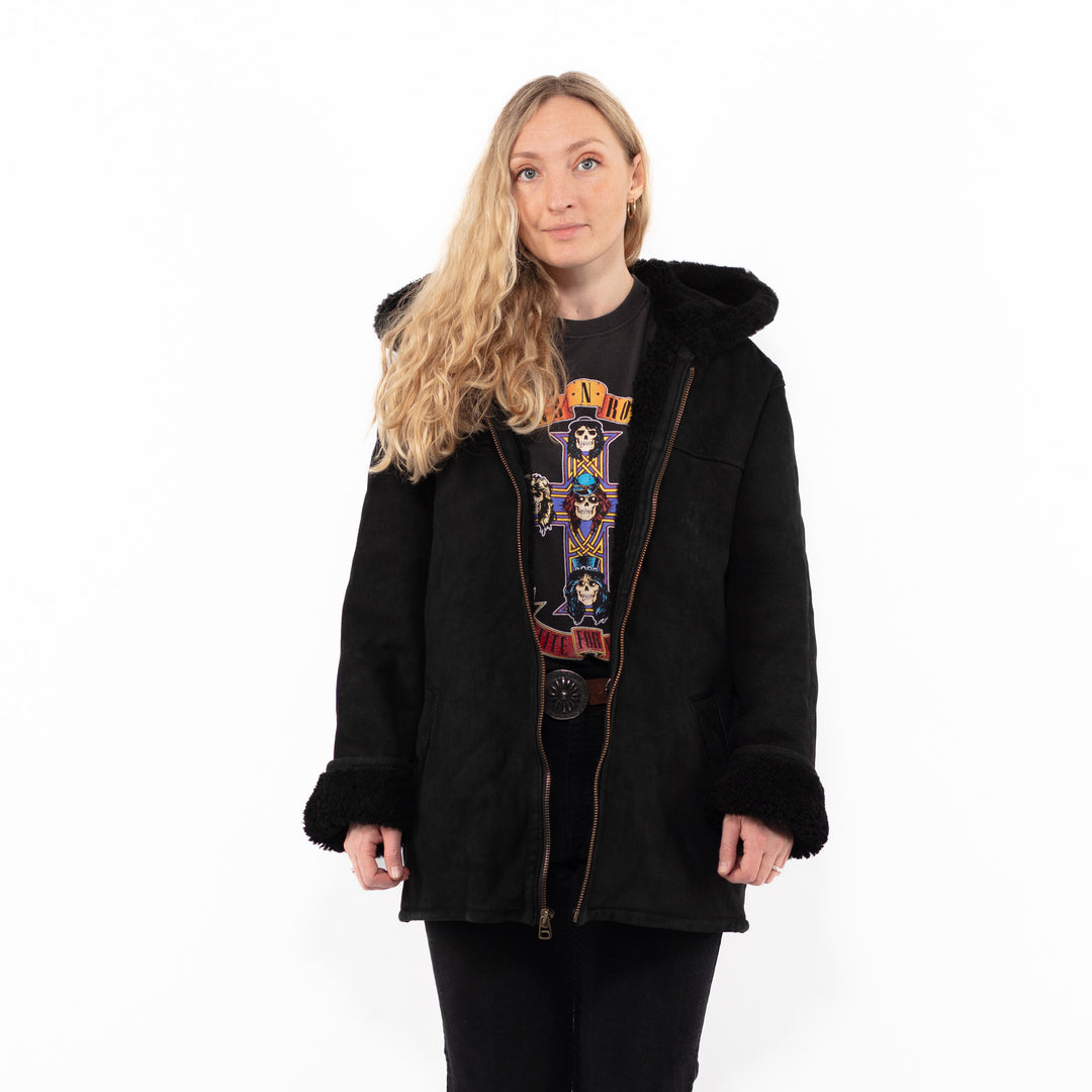Vintage 90's Women Sheepskin Shearling Coat in BlackA0880