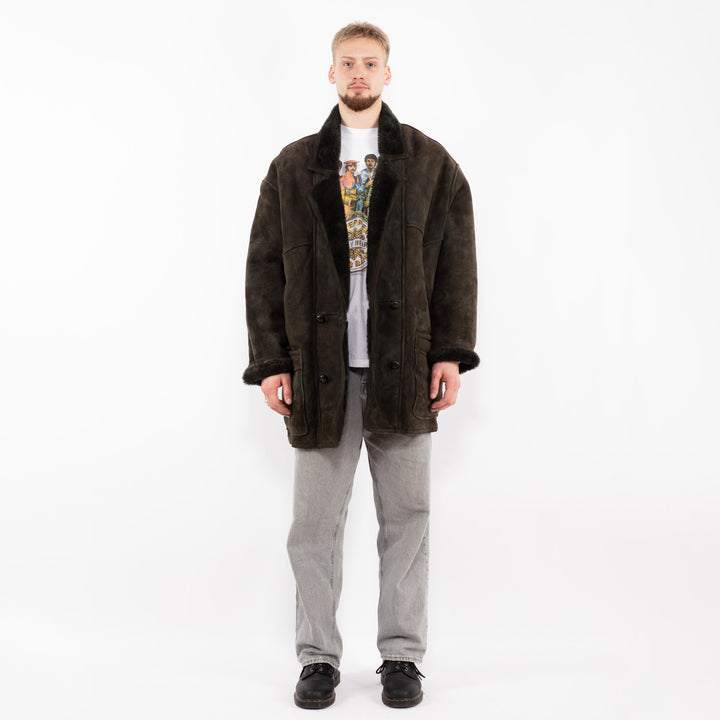 Vintage 80's Men Oversized Sheepskin Coat in Green