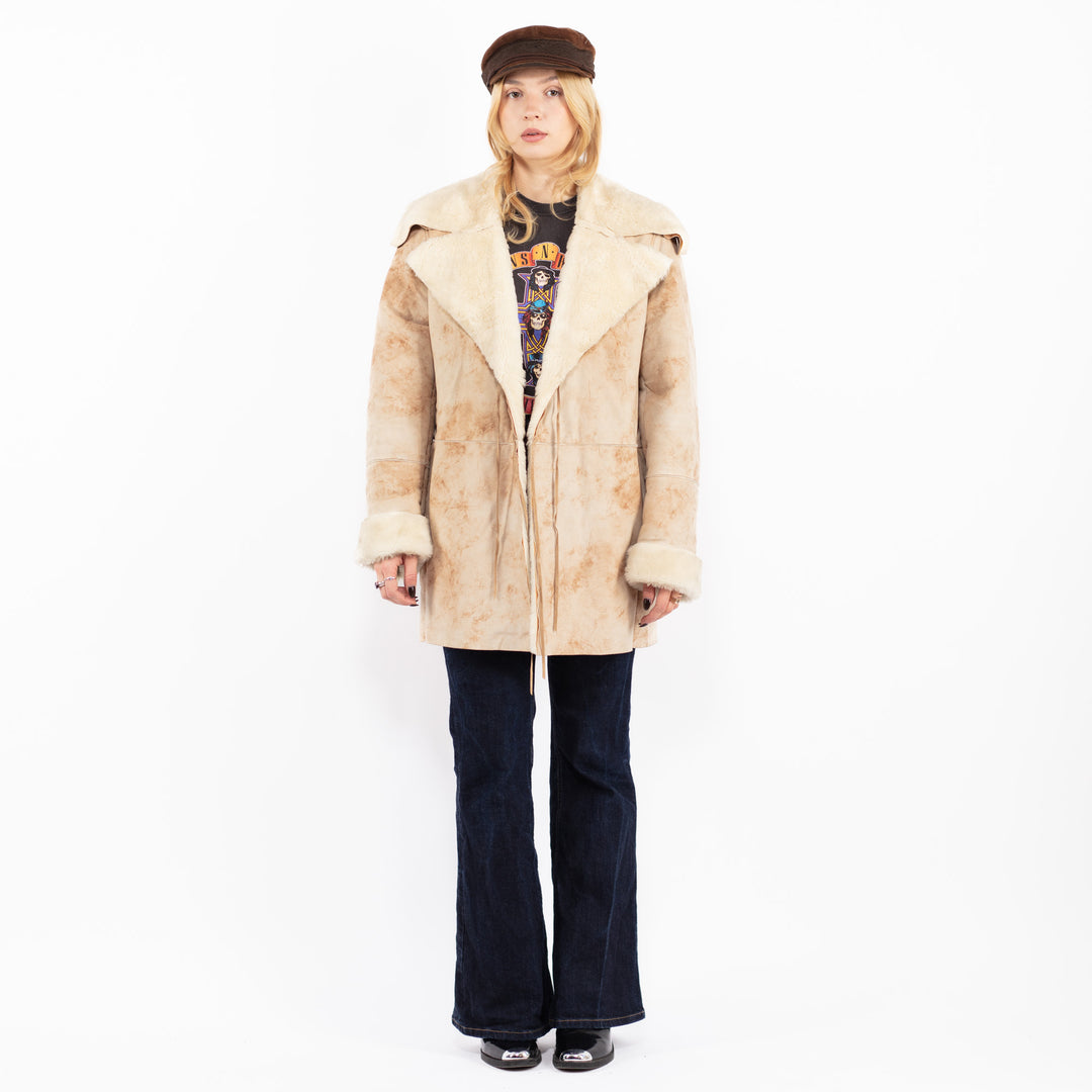 Vintage 90. gadu Penny Lane mākslīgās aitādas mētelis bēšā krāsā