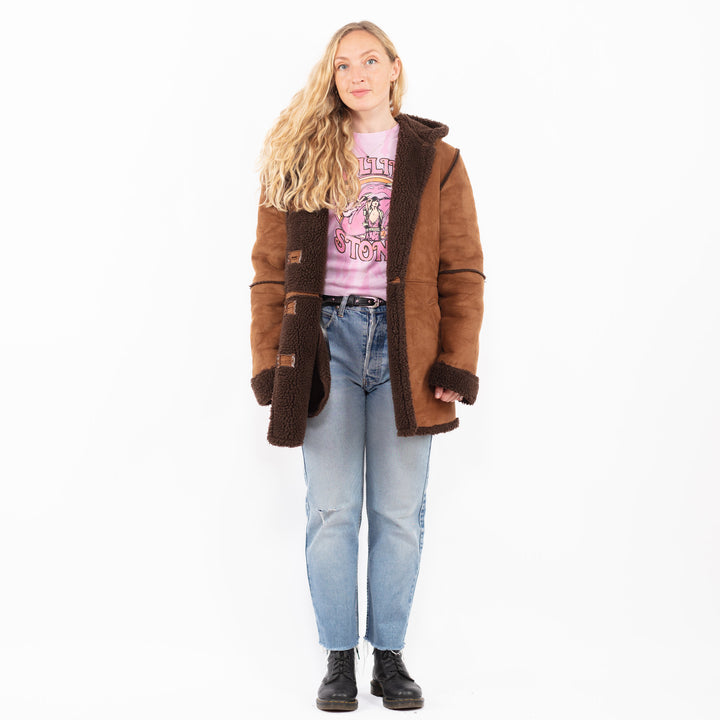 Vintage 90's Women Faux Sheepskin Coat in BrownA0529