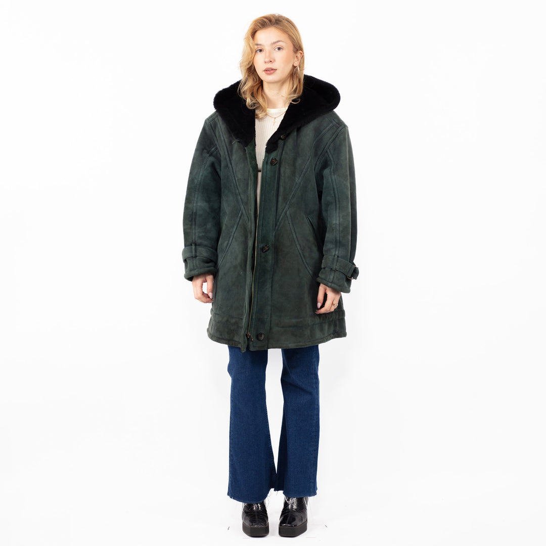 Vintage 80. gadu sieviešu lielizmēra aitādas mētelis izbalējušā zaļā krāsā