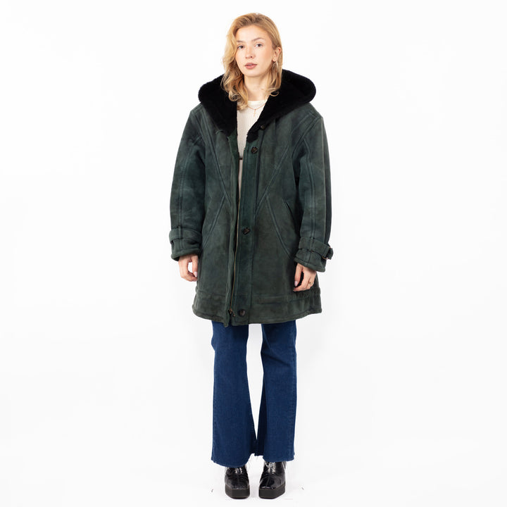 Vintage 80. gadu sieviešu lielizmēra aitādas mētelis izbalējušā zaļā krāsā