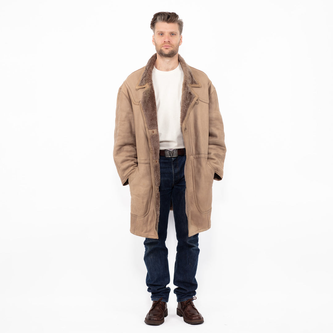 Vintage 80's Men Oversized Sheepskin Coat in Beige