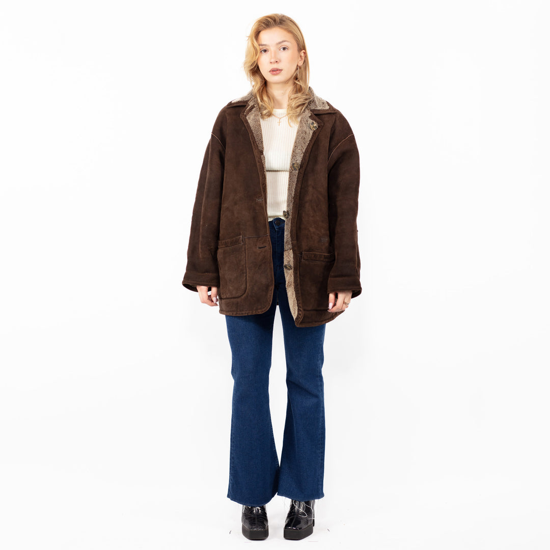 Vintage 90's Women Reversible Sheepskin Coat in Brown