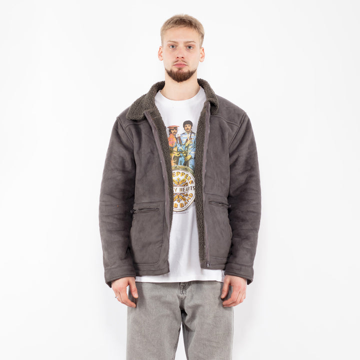Vintage 90. gadu vīriešu mākslīgās aitādas jaka pelēkā krāsā