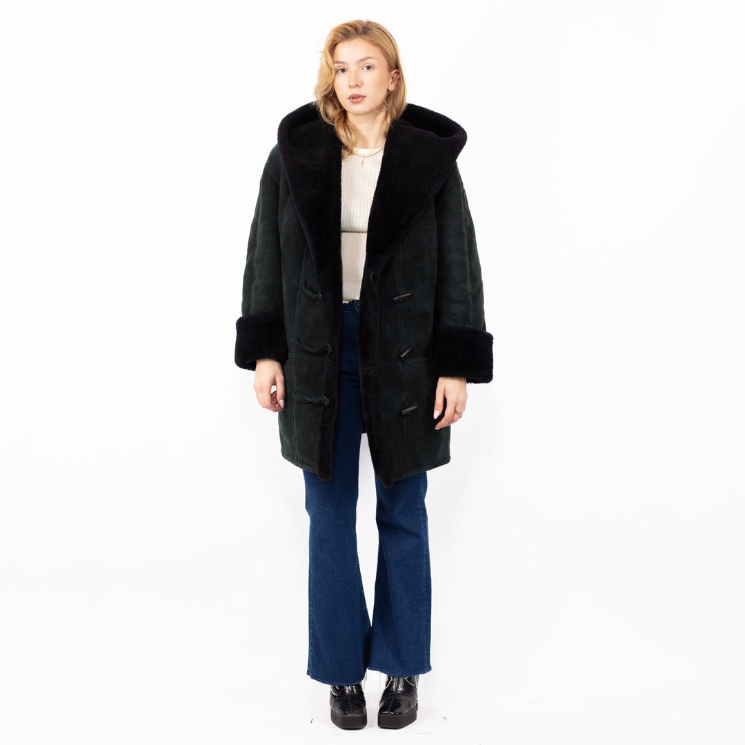 Vintage 80. gadu sieviešu Hide Society aitādas mētelis melnā krāsā