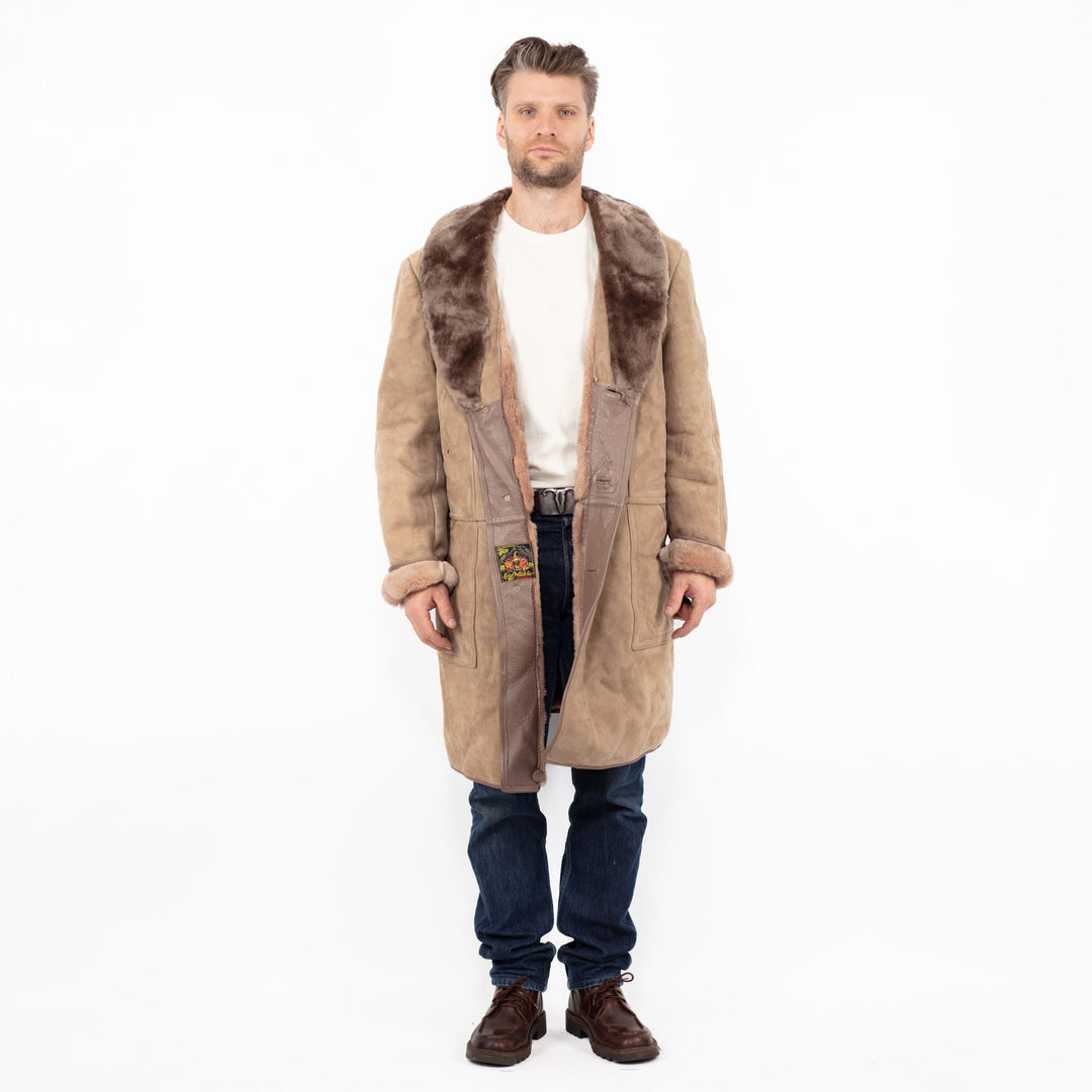 Vintage 70's Men Oversized Sheepskin Coat in Beige