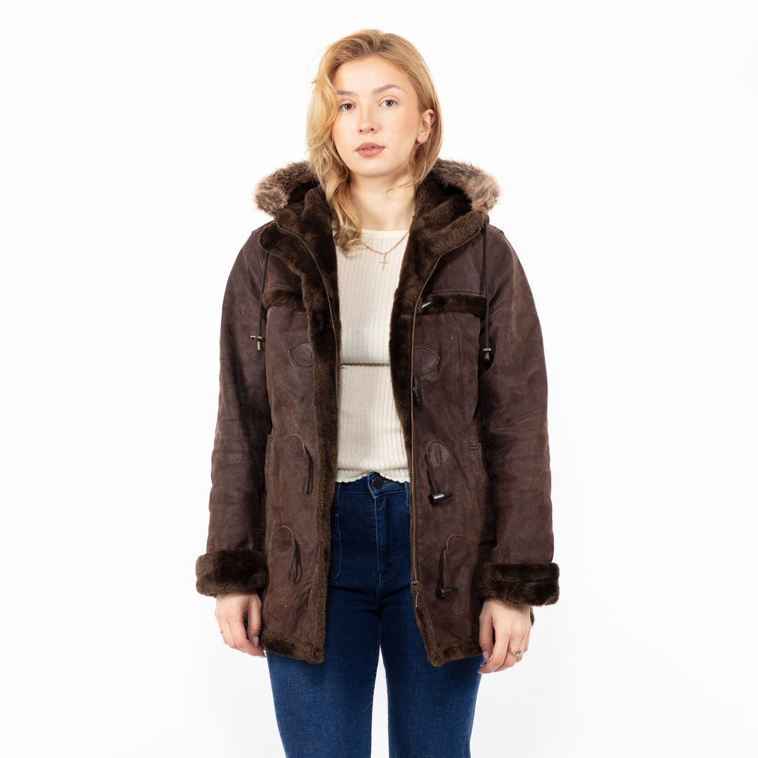 Vintage 90. gadu sieviešu zamšādas šerpu mētelis ar kapuci brūnā krāsā