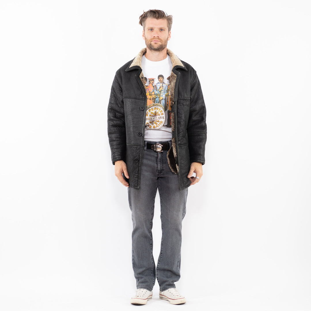 Vintage 90's Men Sheepskin Coat in BlackZ1982