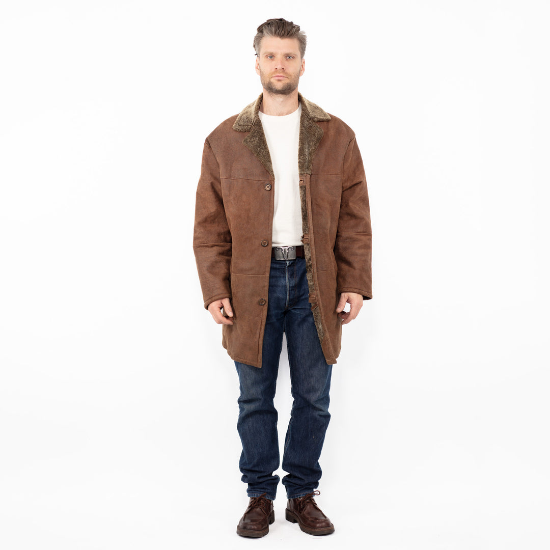 Vintage 90. gadu vīriešu aitādas mētelis brūnā krāsā