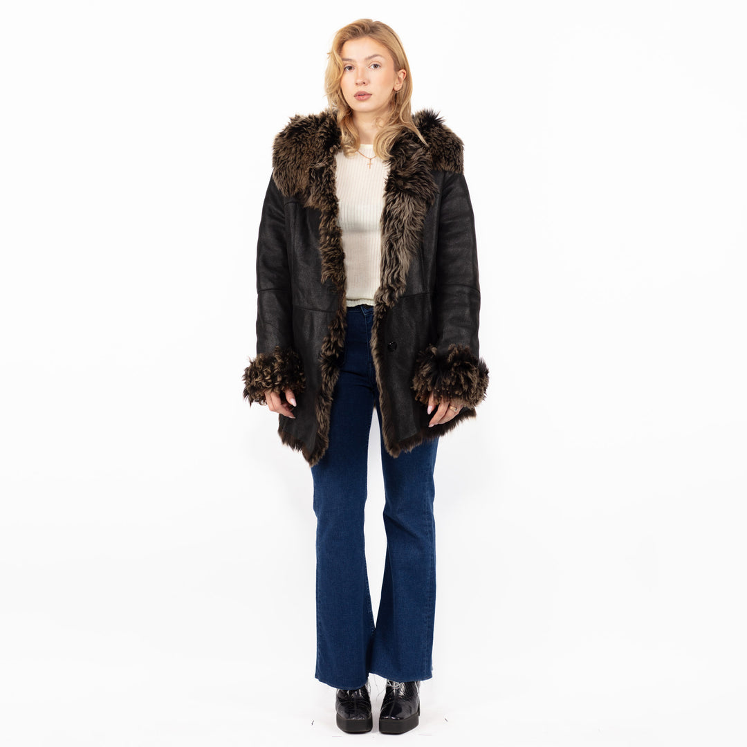 Vintāžas 90. gadu Penny Lane aitas ādas mētelis ar kapuci melnā krāsā