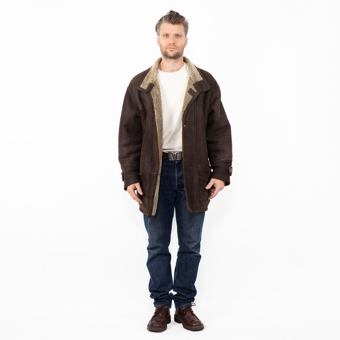 Vintage 90. gadu vīriešu aitādas mētelis brūnā krāsā