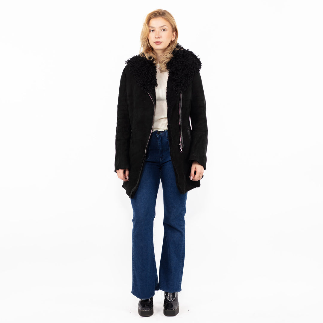 Vintage 2000. gadu Penny Lane aitādas mētelis melnā krāsā