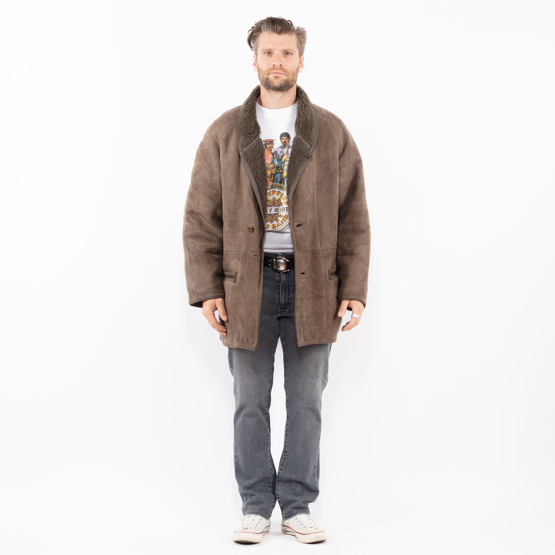 Vintage 80's Men Sheepskin Shearling Coat in BrownZ2002