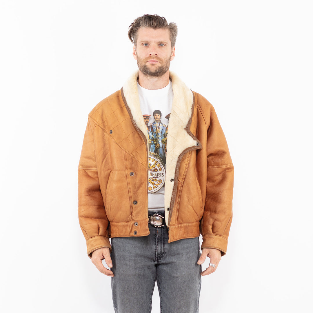 Vintage 80's Men Sheepskin Shearling Jacket in BrownZ2003