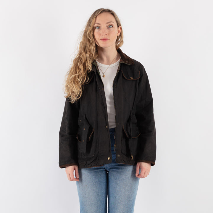 Vintage 90's Women Waxed Cotton Jacket in Black