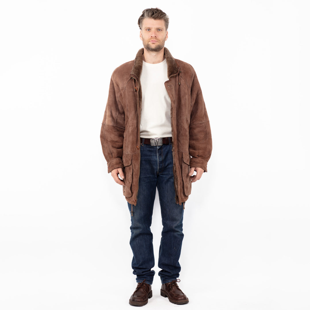 Vintage 90. gadu vīriešu aitādas mētelis brūnā krāsā