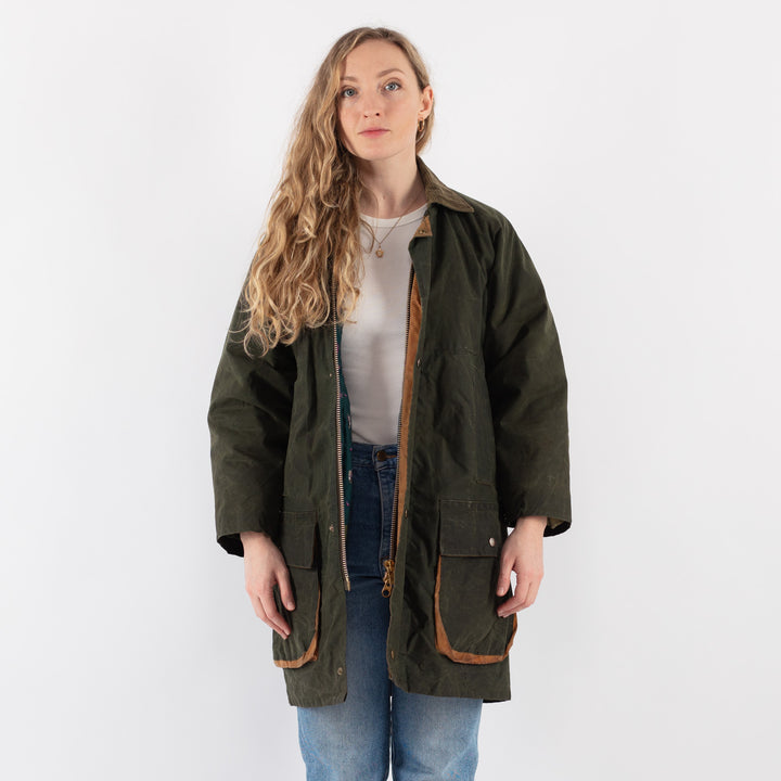 Vintage 80's Women Waxed Cotton Coat in Green