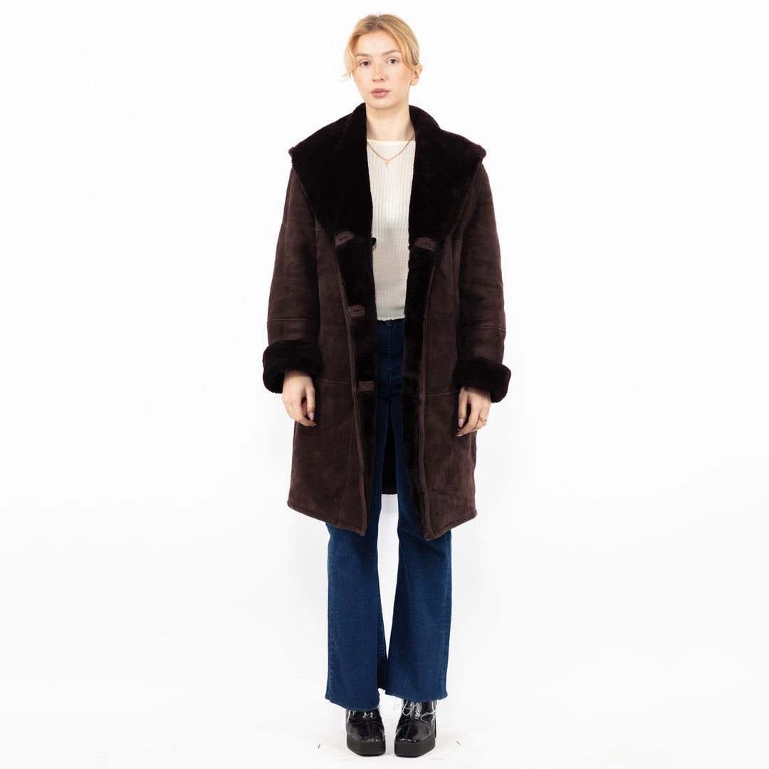 Vintage 80. gadu sieviešu kapuces aitādas mētelis bordo brūnā krāsā