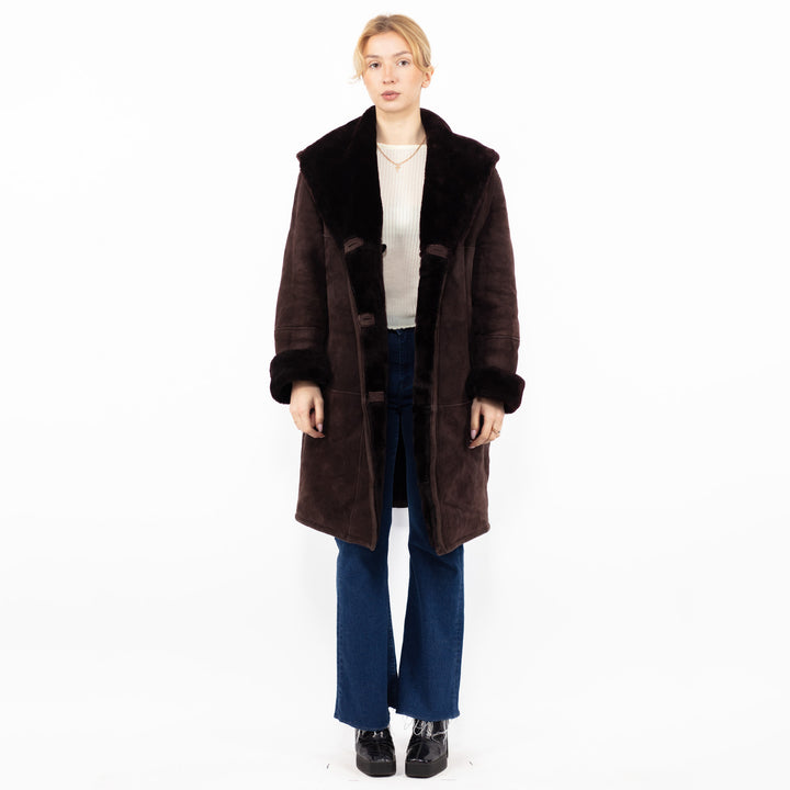 Vintage 80. gadu sieviešu kapuces aitādas mētelis bordo brūnā krāsā