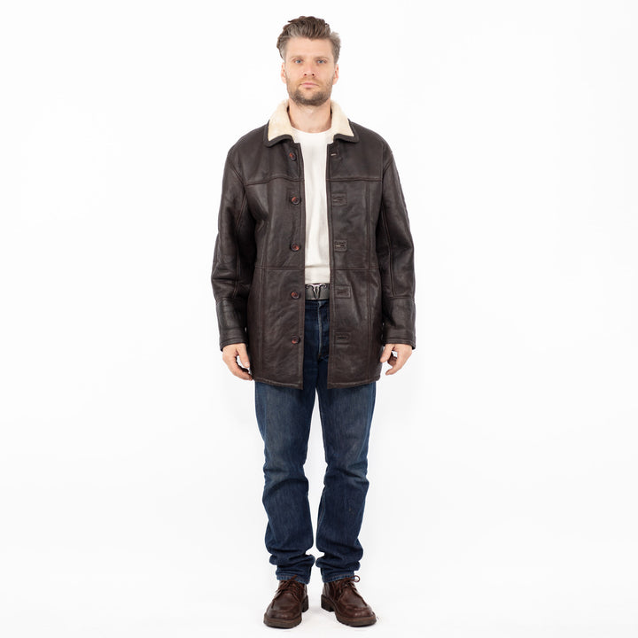 Vintage 90. gadu vīriešu aitādas mētelis brūnā krāsā