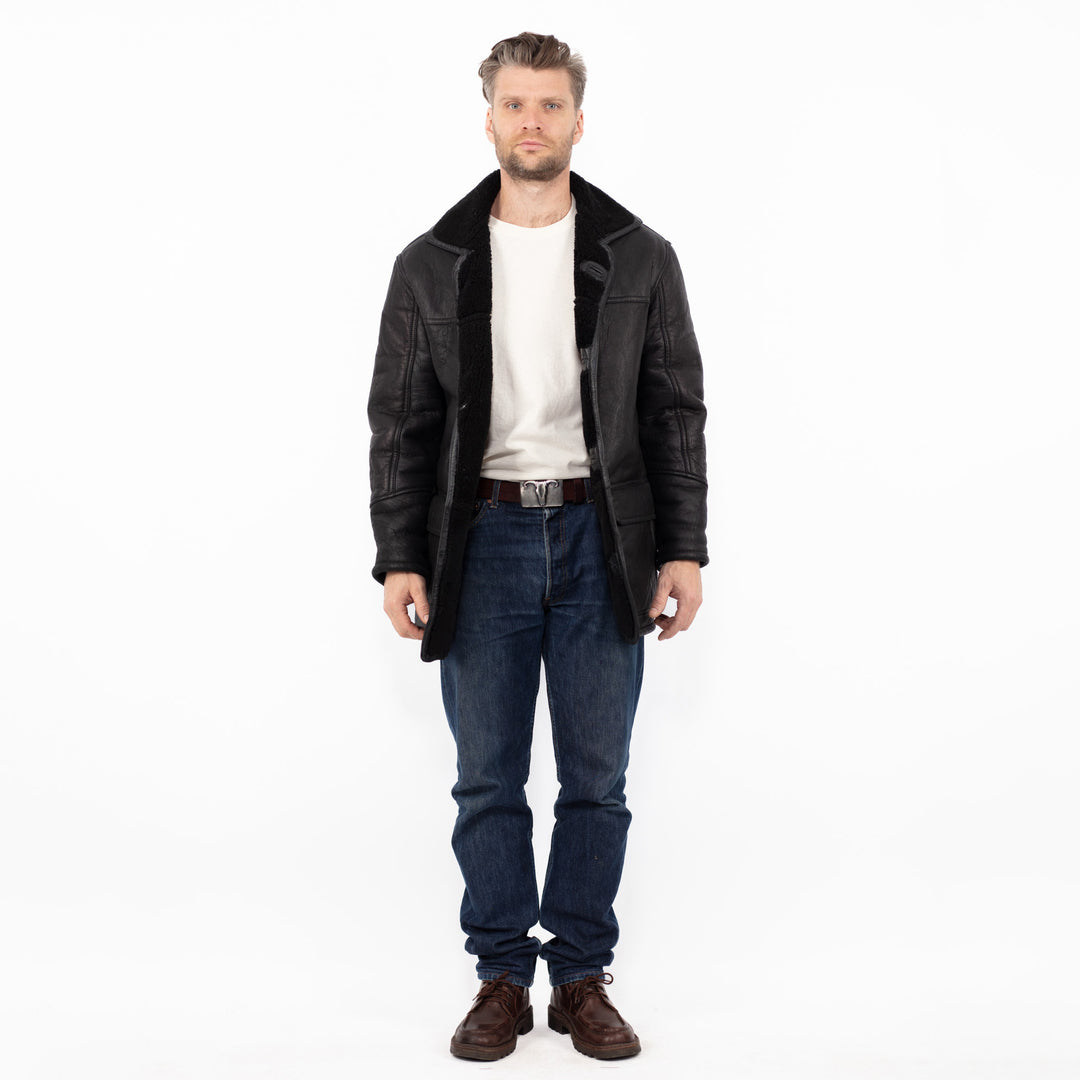 Vintage 90. gadu vīriešu aitādas ādas mētelis melnā krāsā