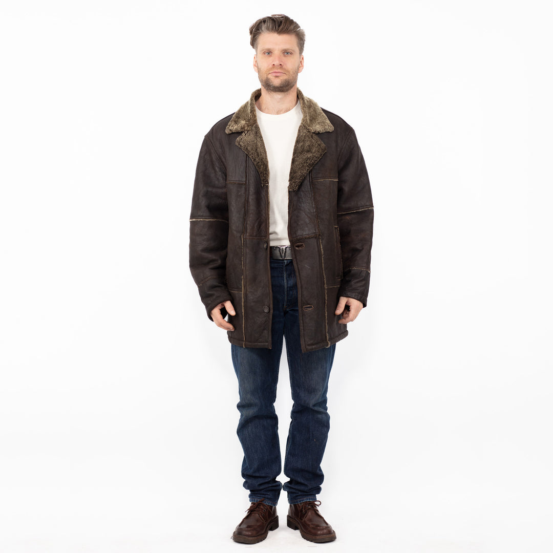 Vintage 90. gadu vīriešu aitādas mētelis brūnā krāsā