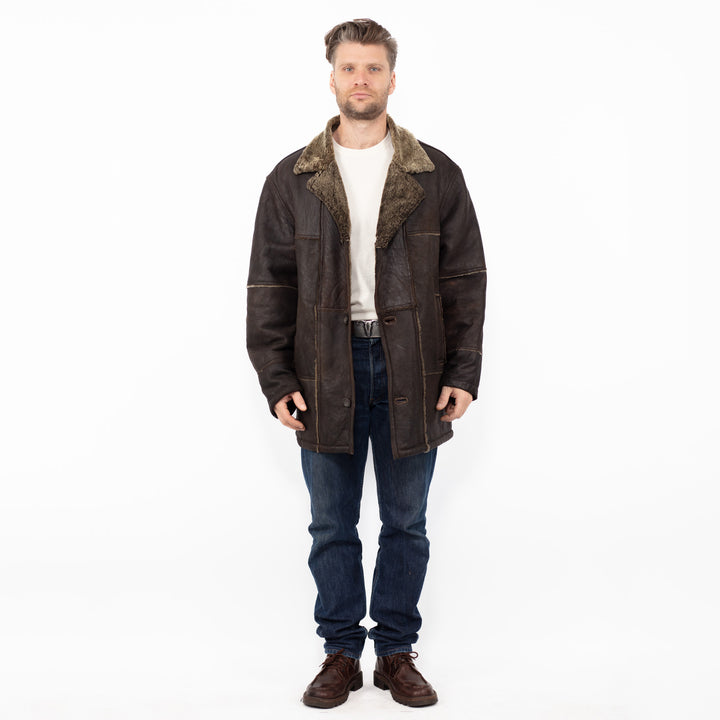 Vintage 90. gadu vīriešu aitādas mētelis brūnā krāsā