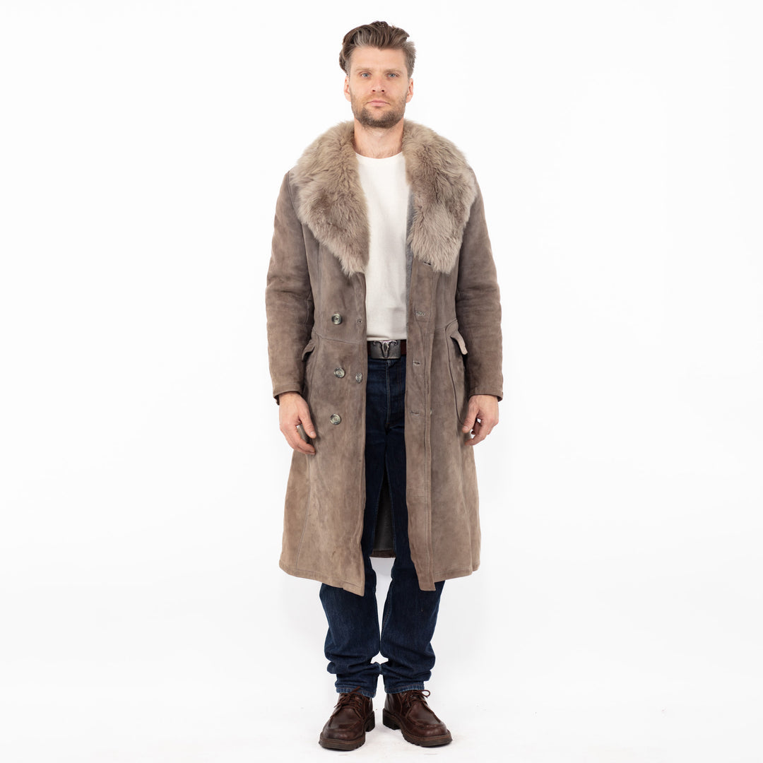 Vintage 70. gadu vīriešu liela izmēra aitādas mētelis brūnā krāsā