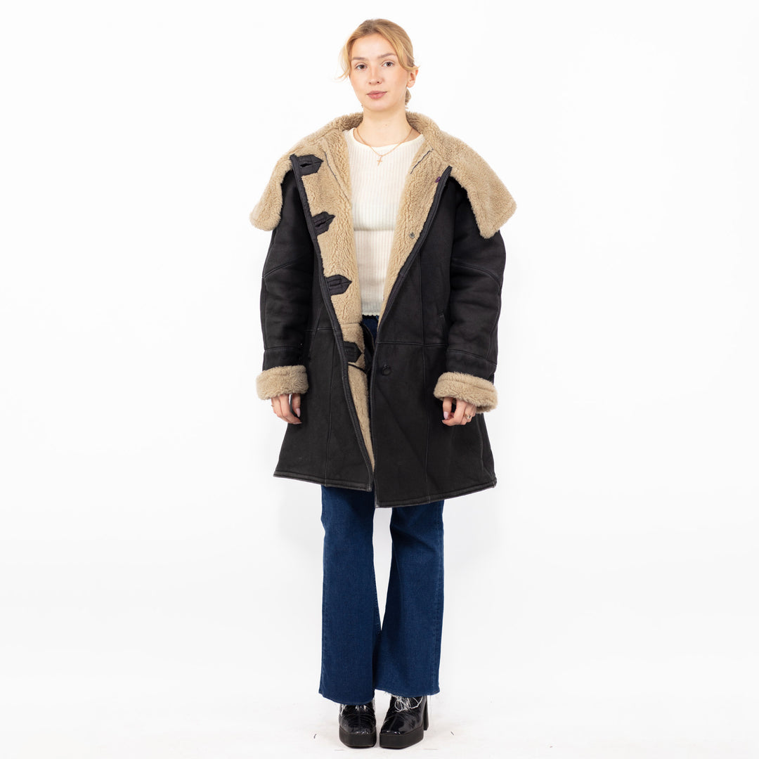 Vintage 90. gadu sieviešu liela izmēra mākslīgās aitādas mētelis melnā krāsā