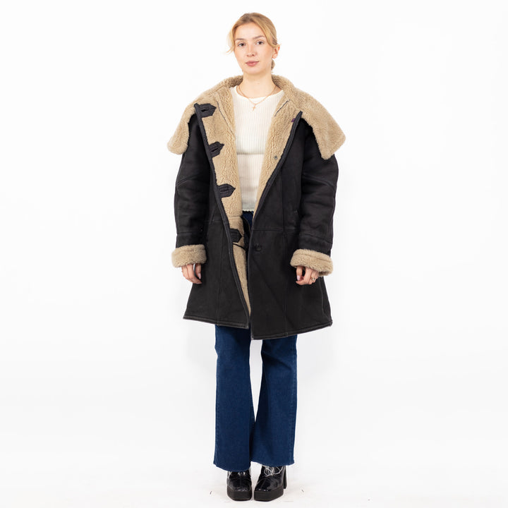 Vintage 90. gadu sieviešu liela izmēra mākslīgās aitādas mētelis melnā krāsā