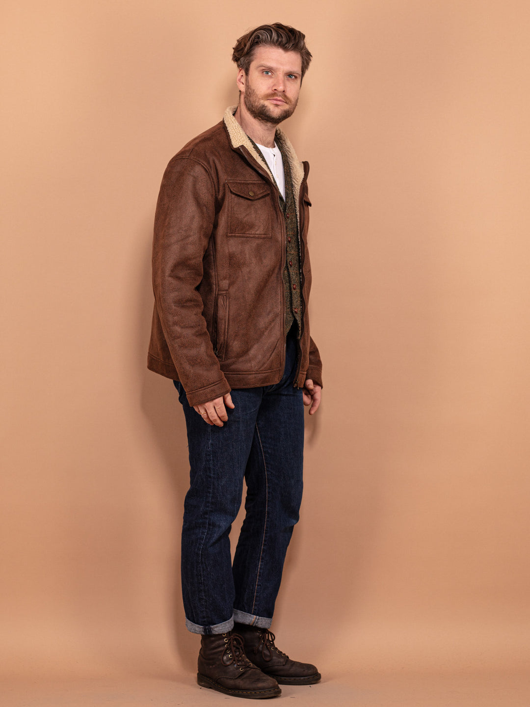 Vintage 00's Men Faux Shearling Jacket in Brown - NorthernGrip