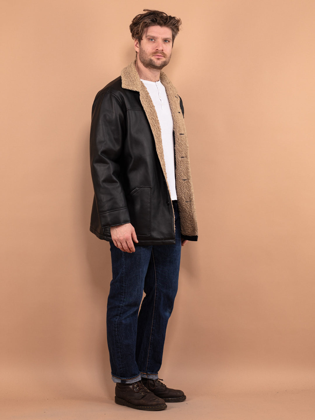 Vintage 00's Men Faux Sheepskin Coat in Black - NorthernGrip
