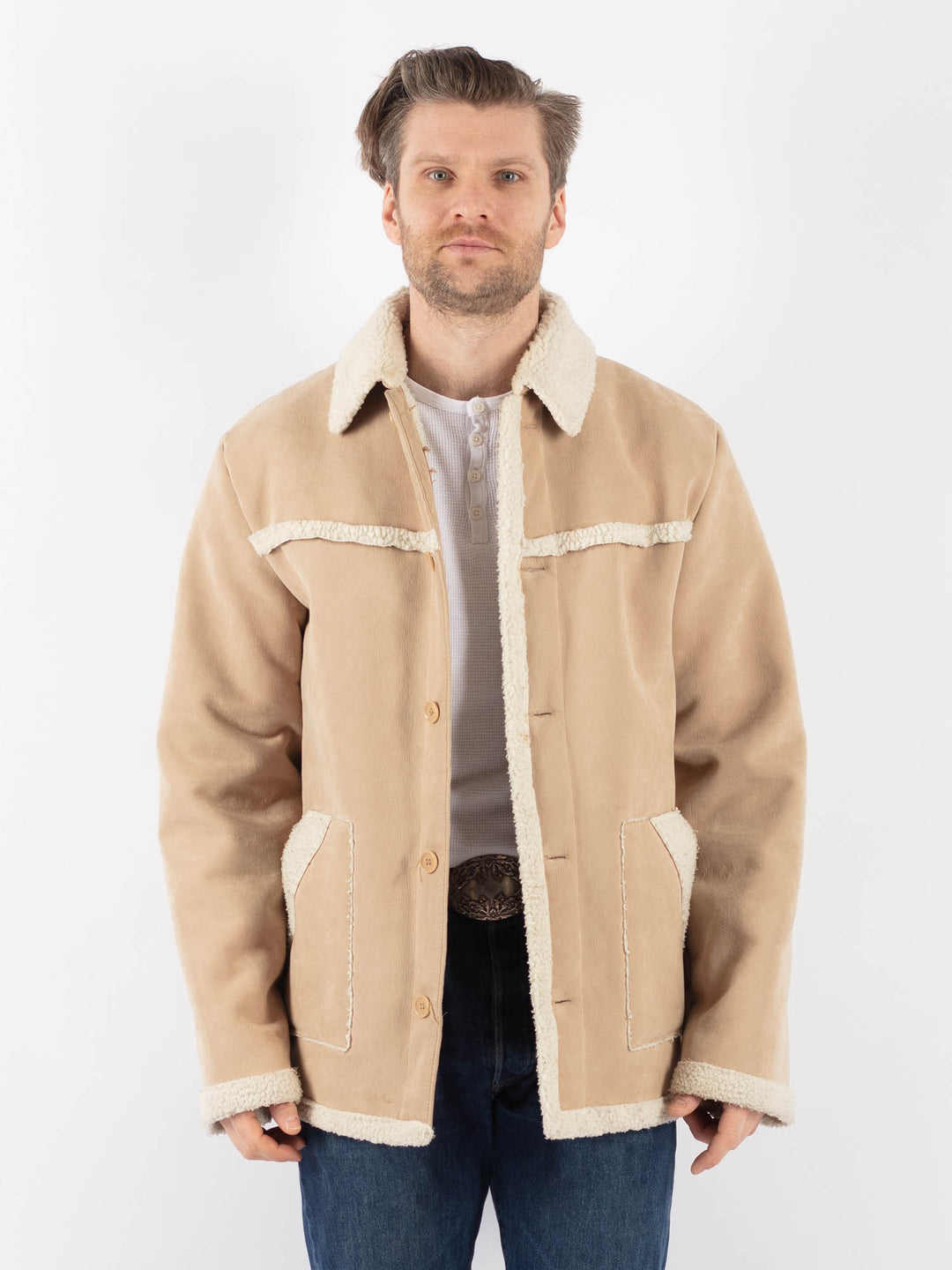 Vintage 00's Men Faux Sheepskin Coat in BeigeZ1178