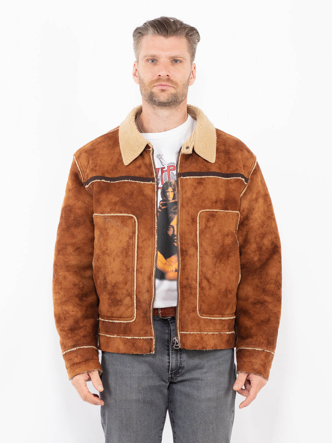 Vintage 00's Men Faux Sheepskin Jacket in BrownZ2063