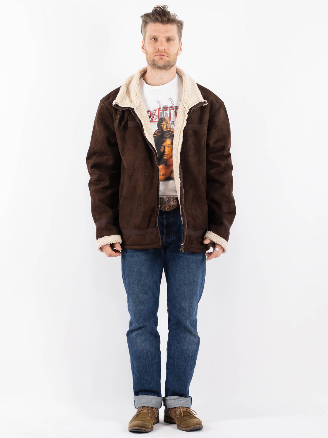 Vintage 00's Men Faux Sheepskin Jacket in BrownZ1561