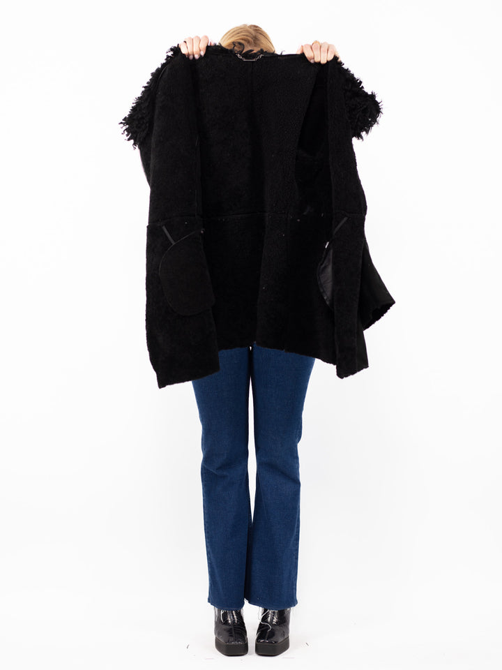 Vintage 2000. gadu Penny Lane aitādas mētelis melnā krāsā