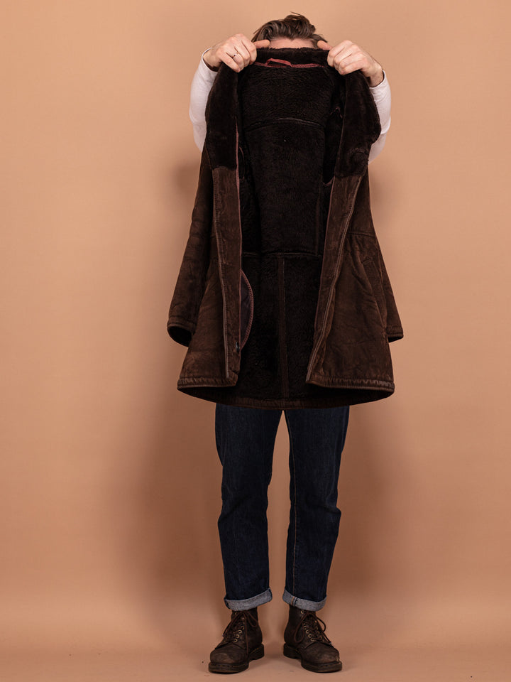 Vintage 70's Men Faux Sheepskin Coat in Brown - NorthernGrip