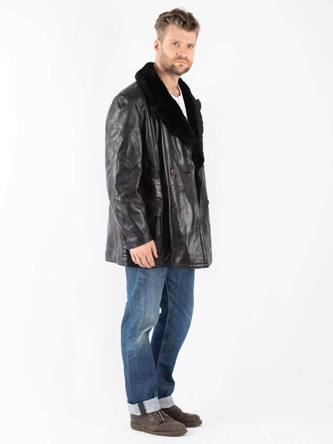 Vintage Men Leather Coat in Black