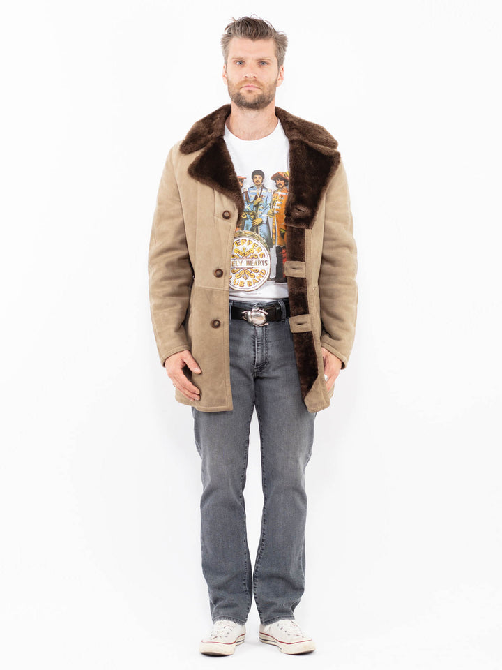 Vintage 70. gadu vīriešu aitādas mētelis bēšā krāsā