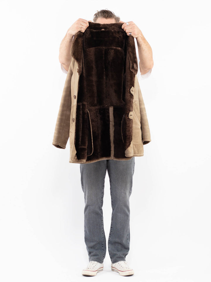 Vintage 70. gadu vīriešu aitādas mētelis bēšā krāsā