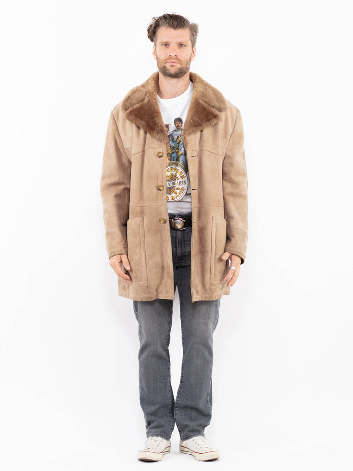 Vintage 70. gadu vīriešu aitādas mētelis bēšā krāsā