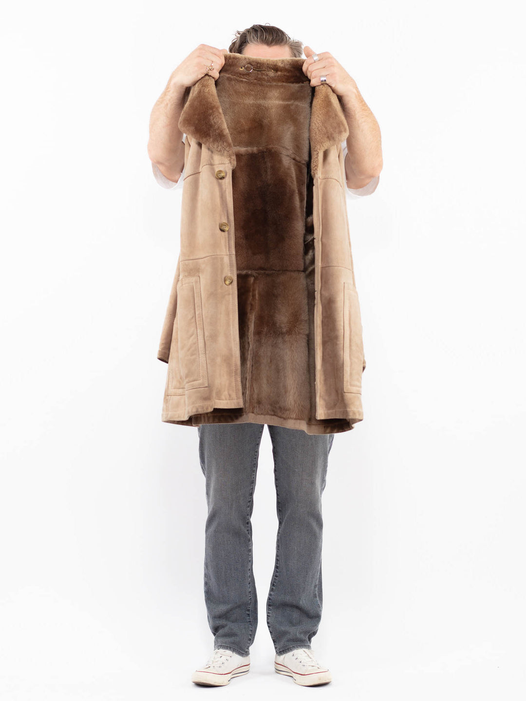 Vintage 70. gadu vīriešu aitādas mētelis bēšā krāsā