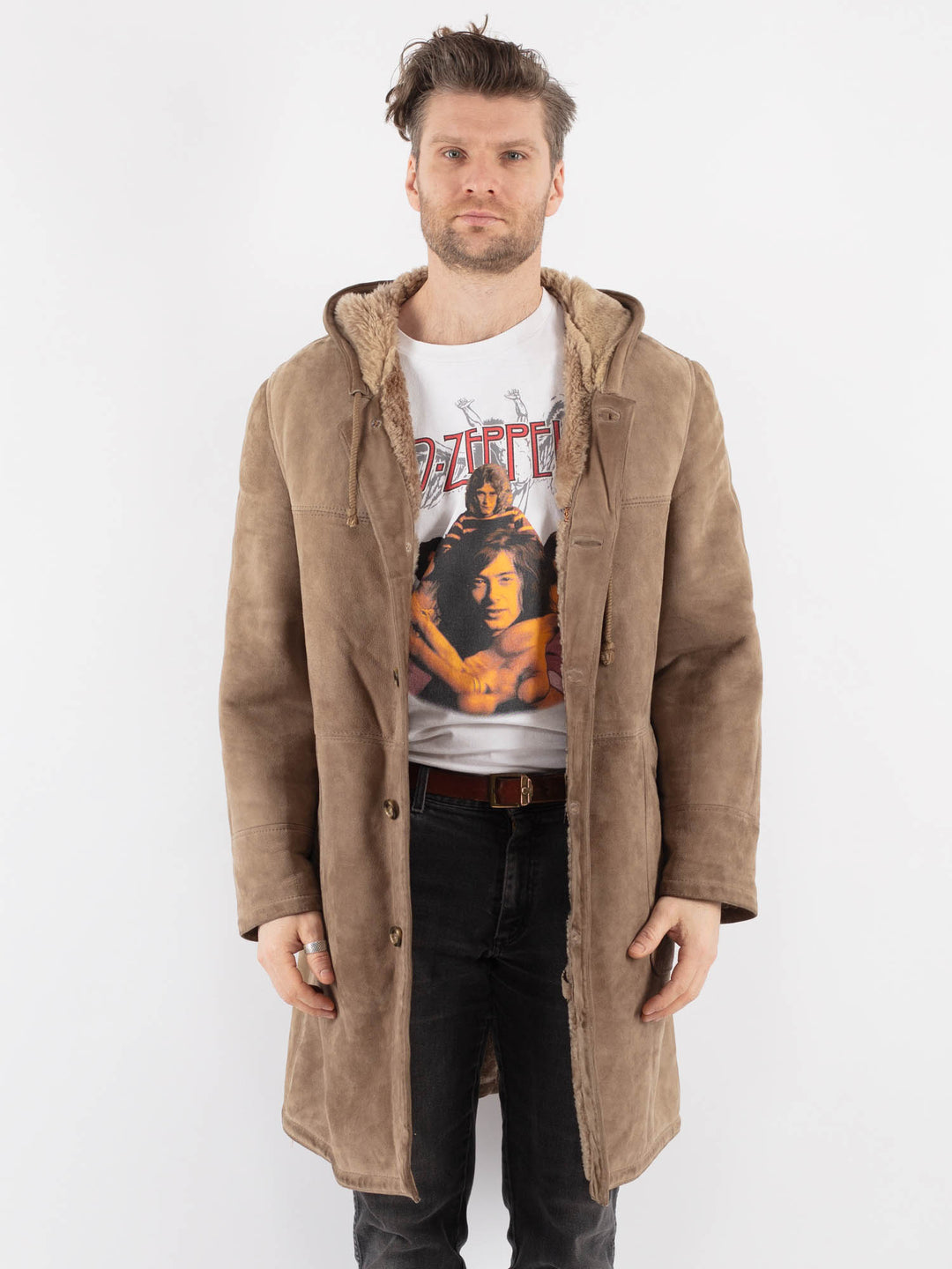 Vintage 70's Men Hooded Sheepskin Coat in Beige - NorthernGrip