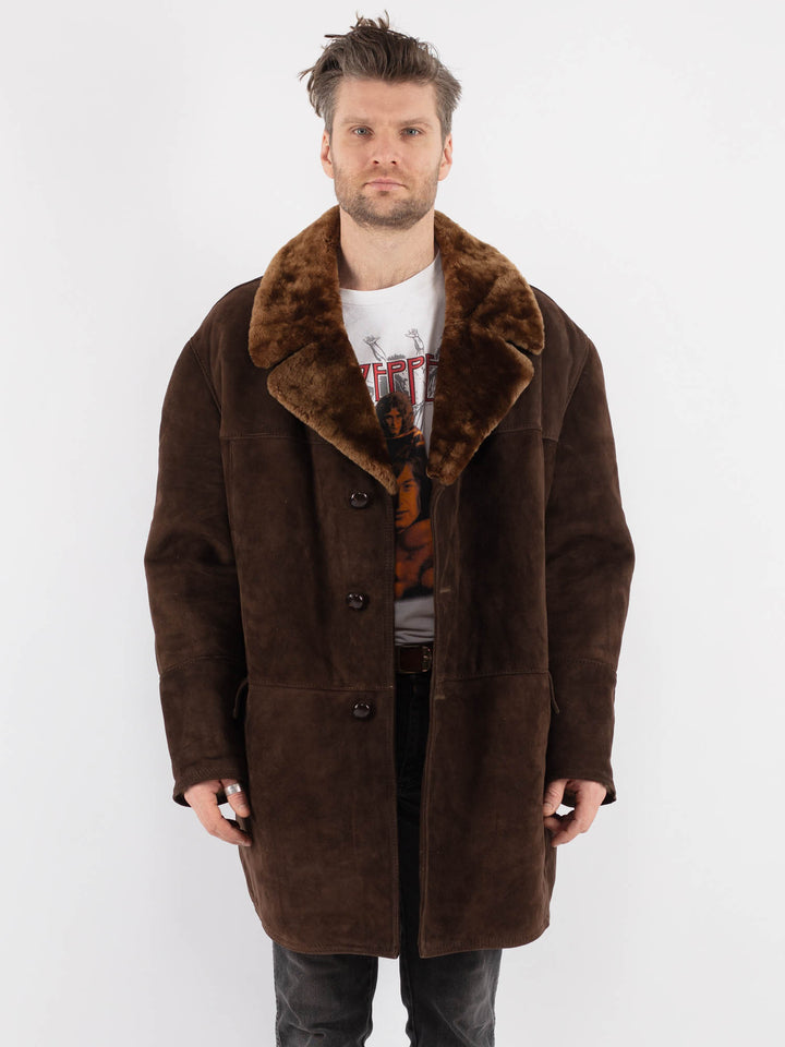 Vintage 70's Men Sheepskin Shearling Coat in Brown - NorthernGrip