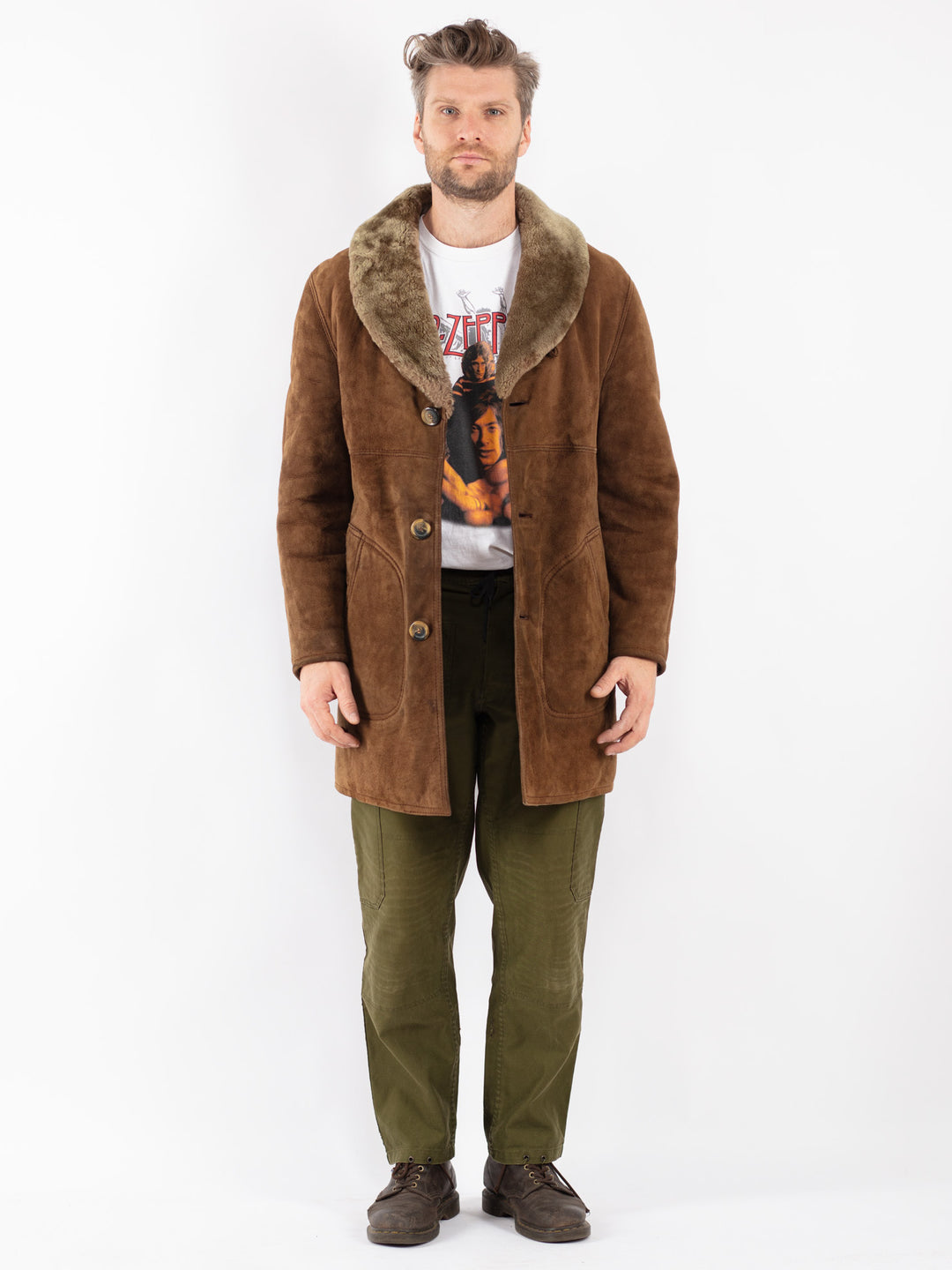 Vintage Men Sheepskin Coat in Brown