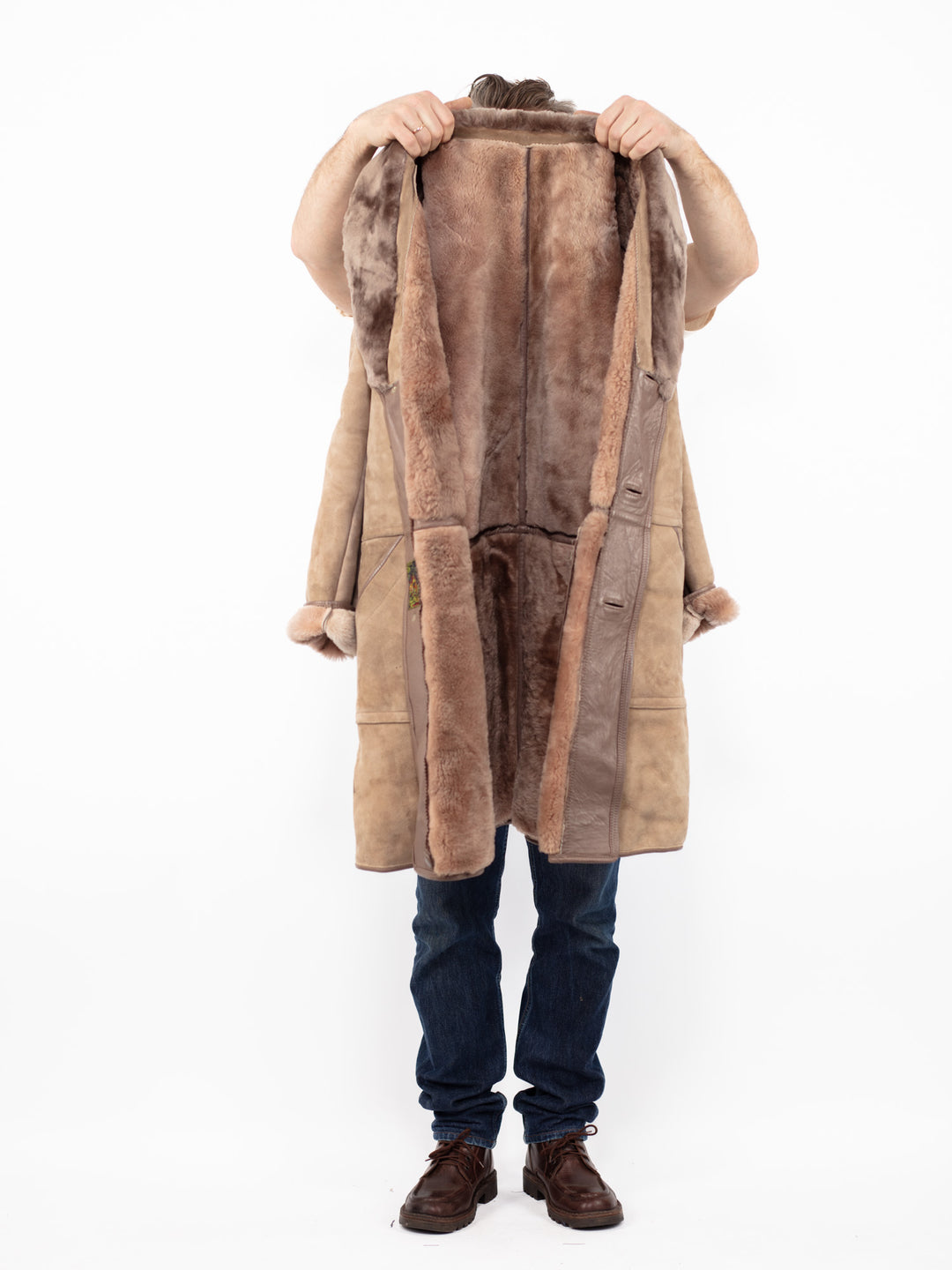 Vintage 70's Men Oversized Sheepskin Coat in Beige