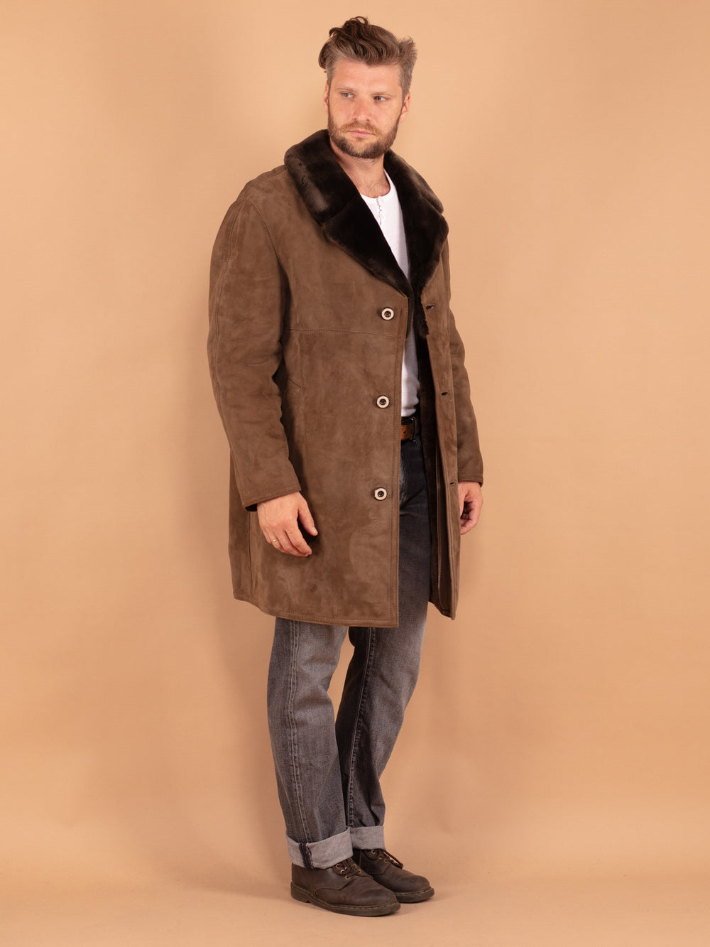 Vintage 70's Men Sheepskin Coat in Brown - NorthernGrip