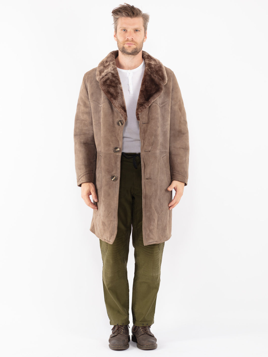 Vintage 70's Men Sheepskin Coat in Beige