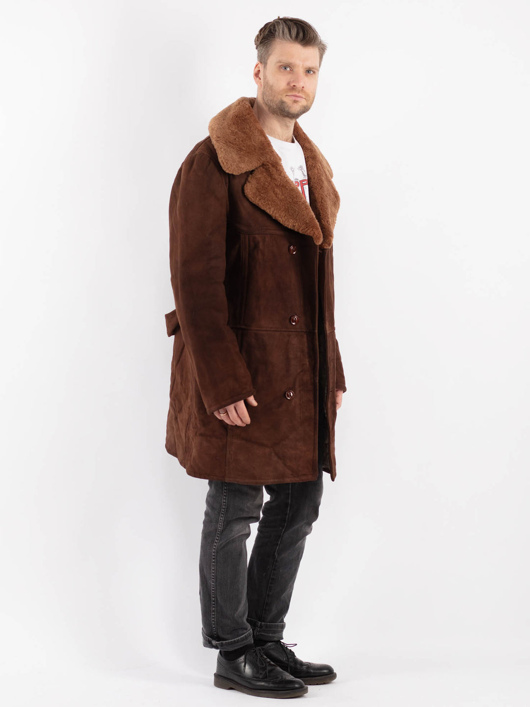 Vintage 70's Men Sheepskin Shearling Coat in Brown